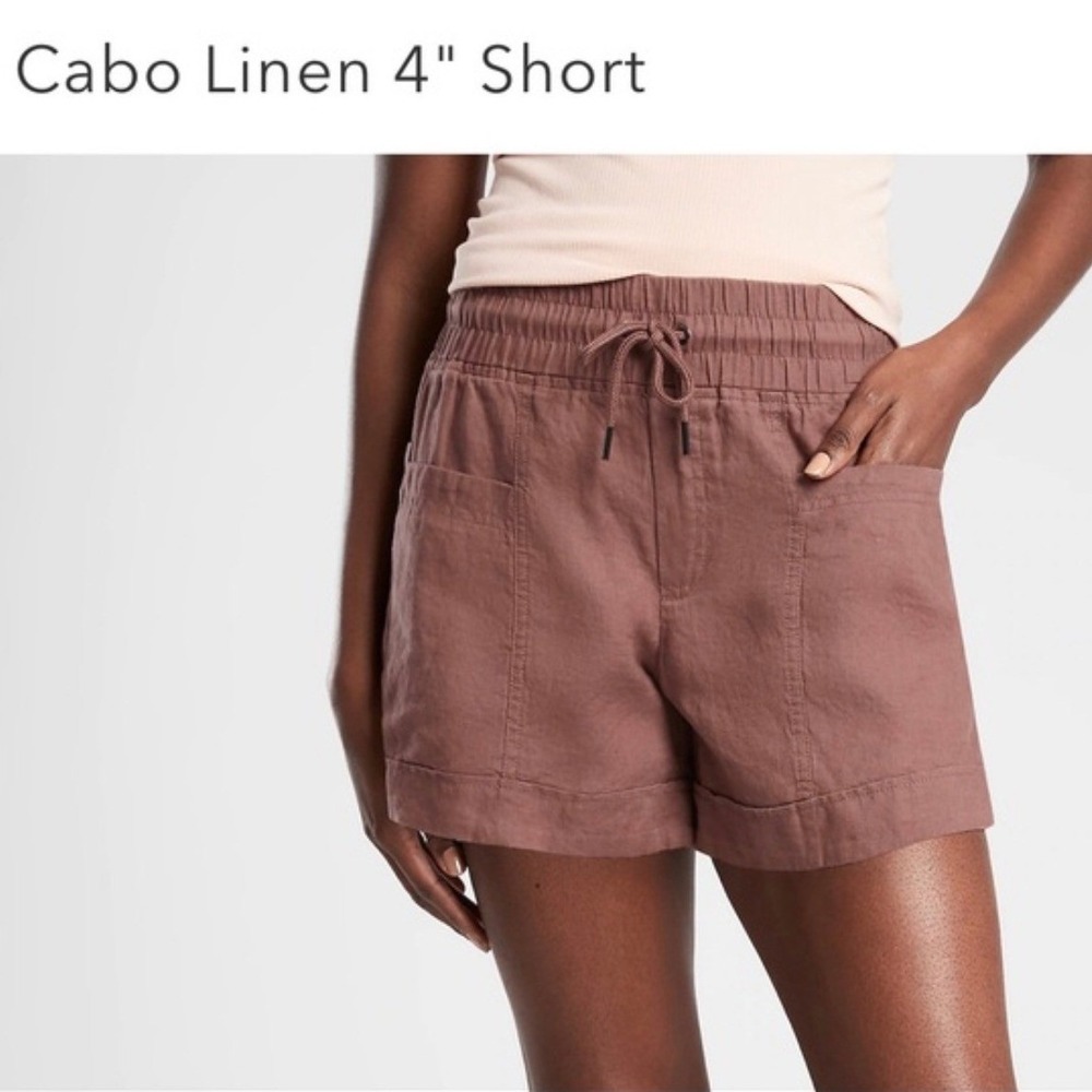 Athleta Cabo Linen 4" Short Mauve Brown Drawstring Elastic Waist 447245 Size 4